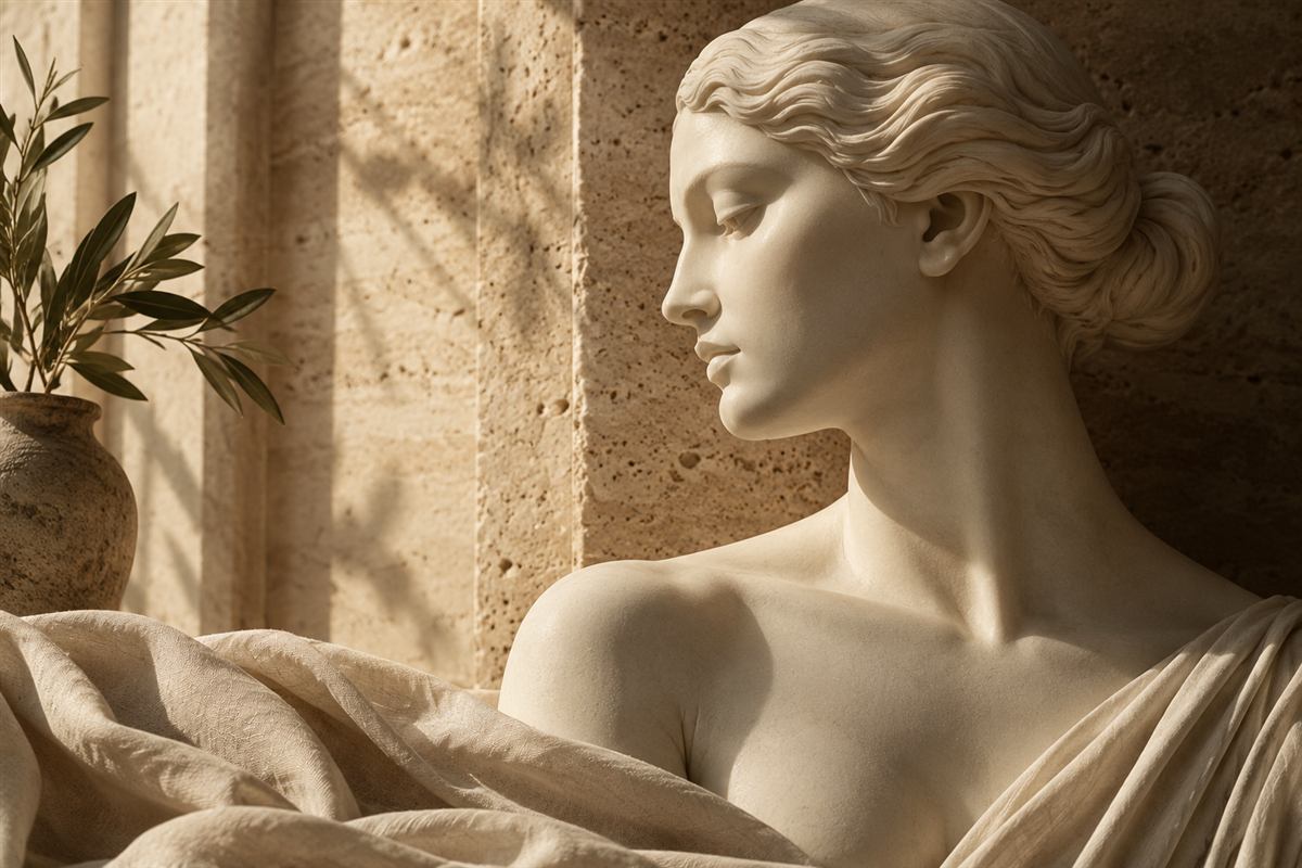 Escultura em mármore com iluminação dourada